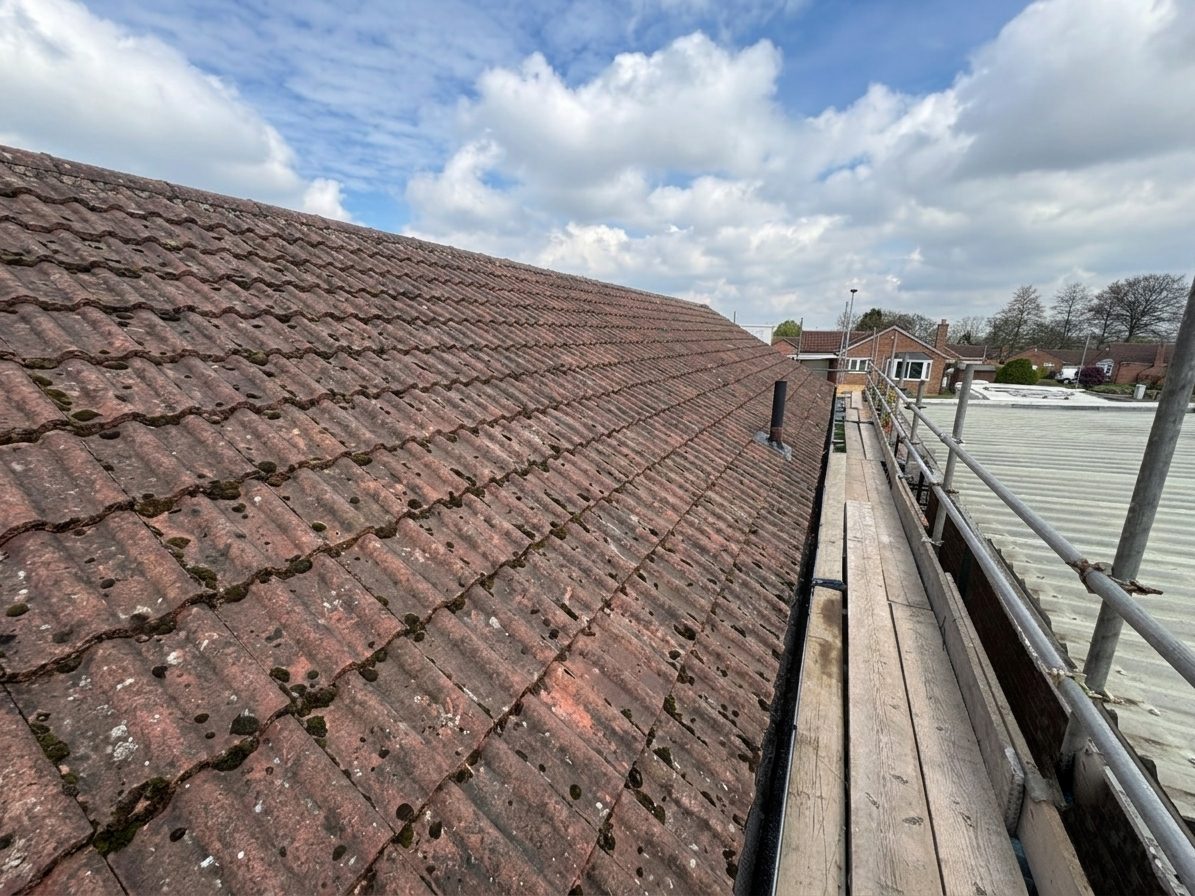 Tired, moss-covered red clay tile roof before cleaning and restoration